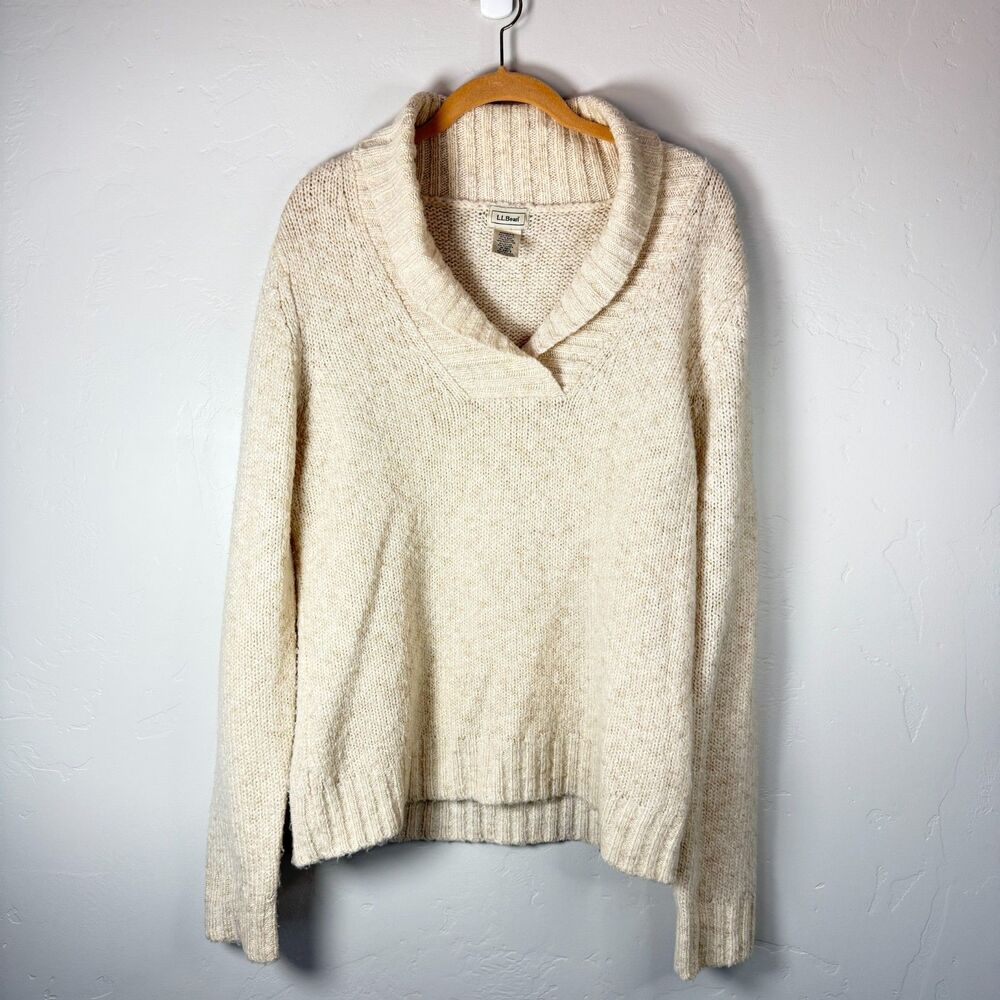 L.L. Bean Cream Oatmeal Wool Blend Shawl Collar Knit Sweater Size Medium M